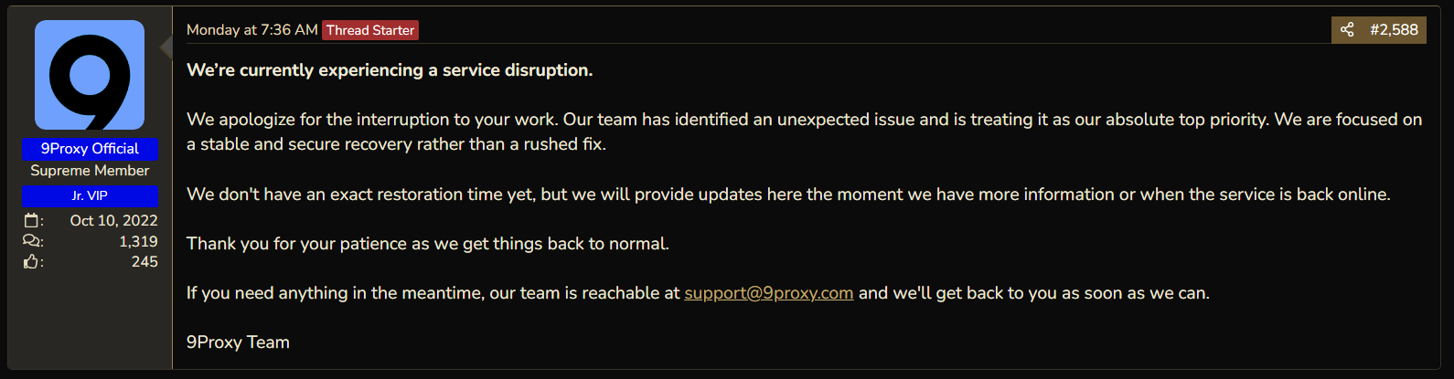 The same statement on 9Proxy's BlackHatWorld seller account
