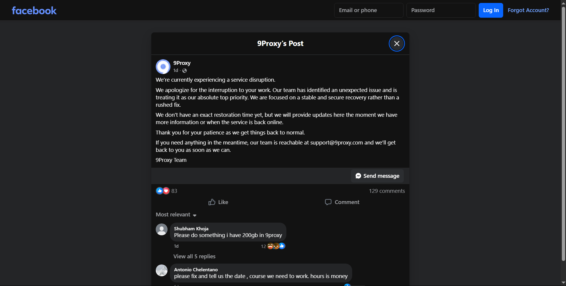 9Proxy's service-disruption statement on Facebook, June 29, 2026