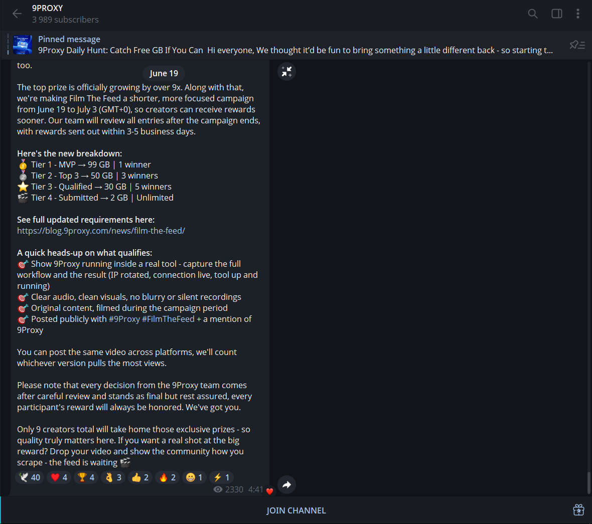9Proxy's Telegram: last activity is a June 19 campaign