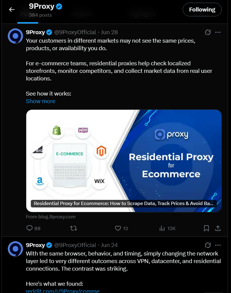 9Proxy's X account: the last post is marketing from June 28