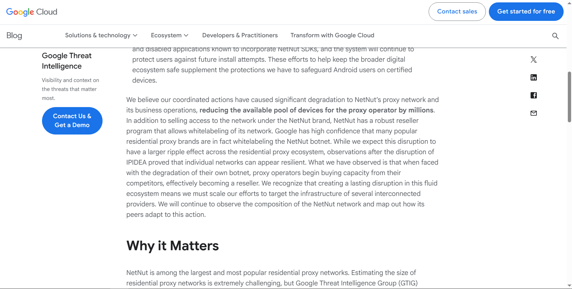 Google Threat Intelligence Group report: "Google has high confidence that many popular residential proxy brands are in fact whitelabeling the NetNut botnet," and that the disruption reduced the device pool "by millions"