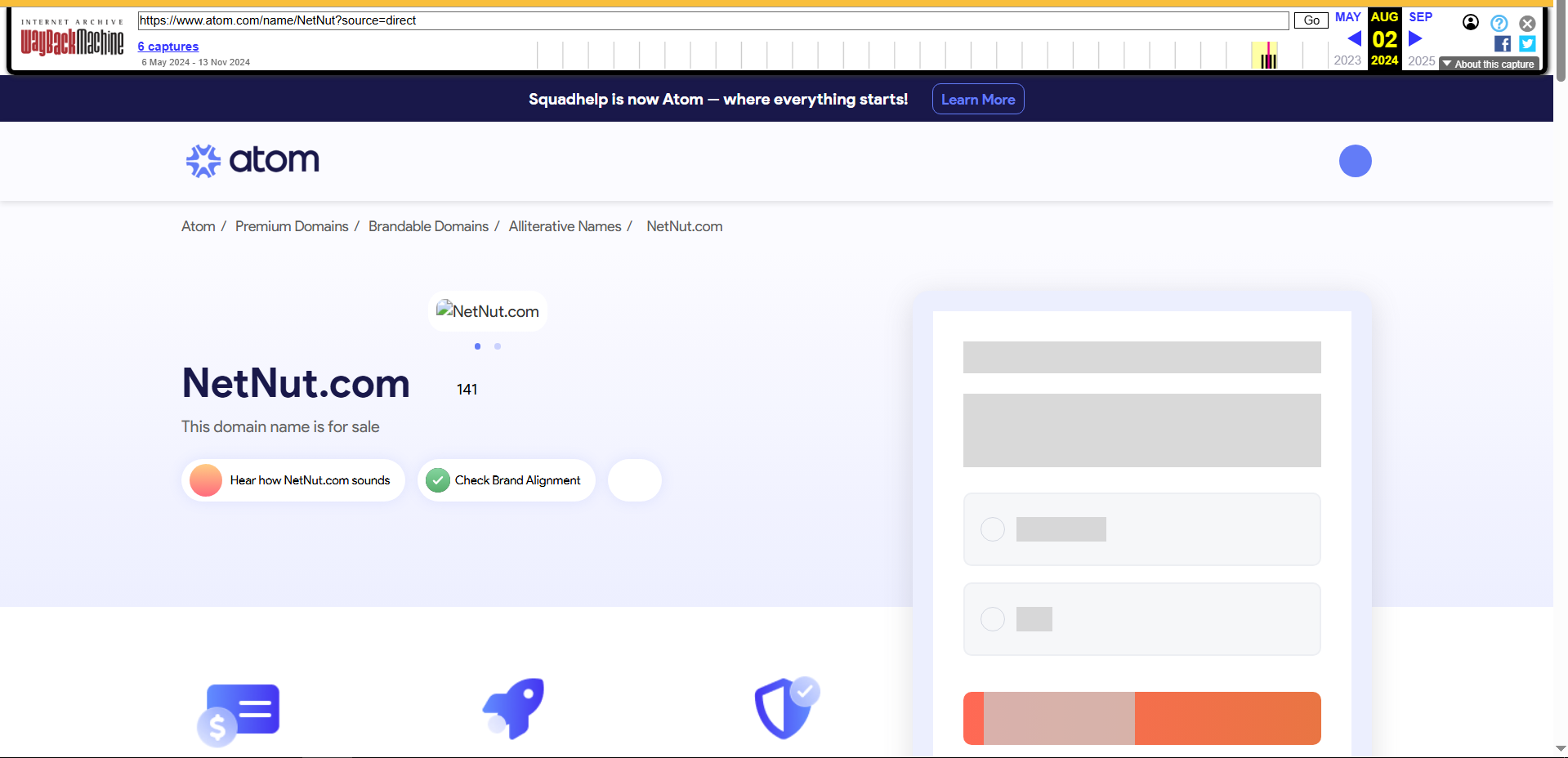 Wayback Machine capture of netnut.com, August 2, 2024: an Atom domain marketplace page reading "NetNut.com — This domain name is for sale," proving the seized .com was parked, not NetNut's operational site